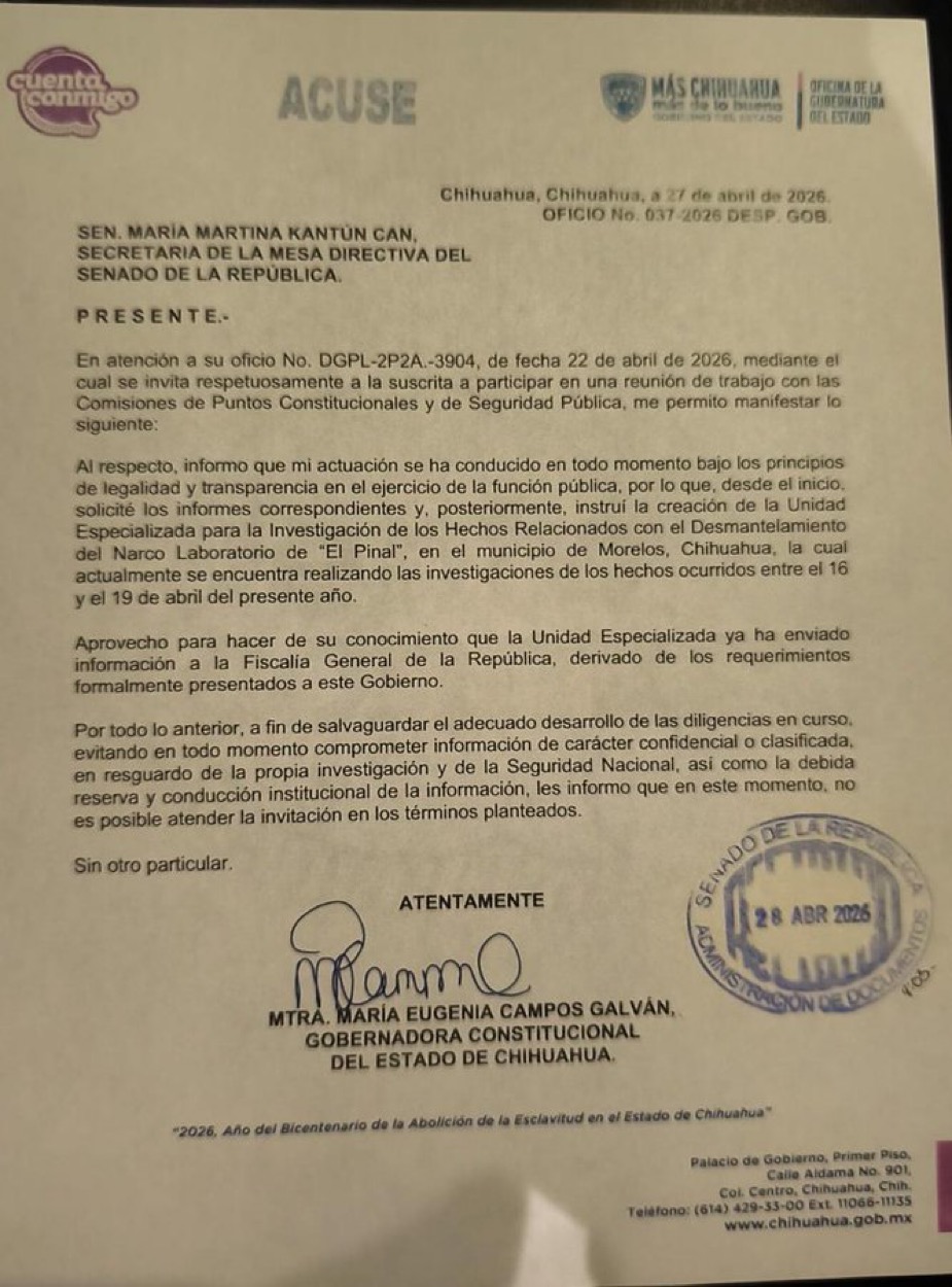 La gobernadora de Chihuahua rechazó asistir a la reunión convocada en la Cámara alta para explicar la presunta participación de agentes estadounidenses en un operativo realizado en la entidad.