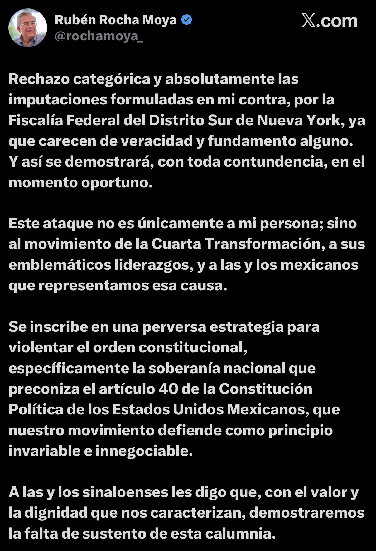 El gobernador de Sinaloa aseguró que las imputaciones en su contra son falsas y sin fundamento. Sostuvo que forman parte de una estrategia contra la soberanía nacional y el movimiento de la Cuarta Transformación.