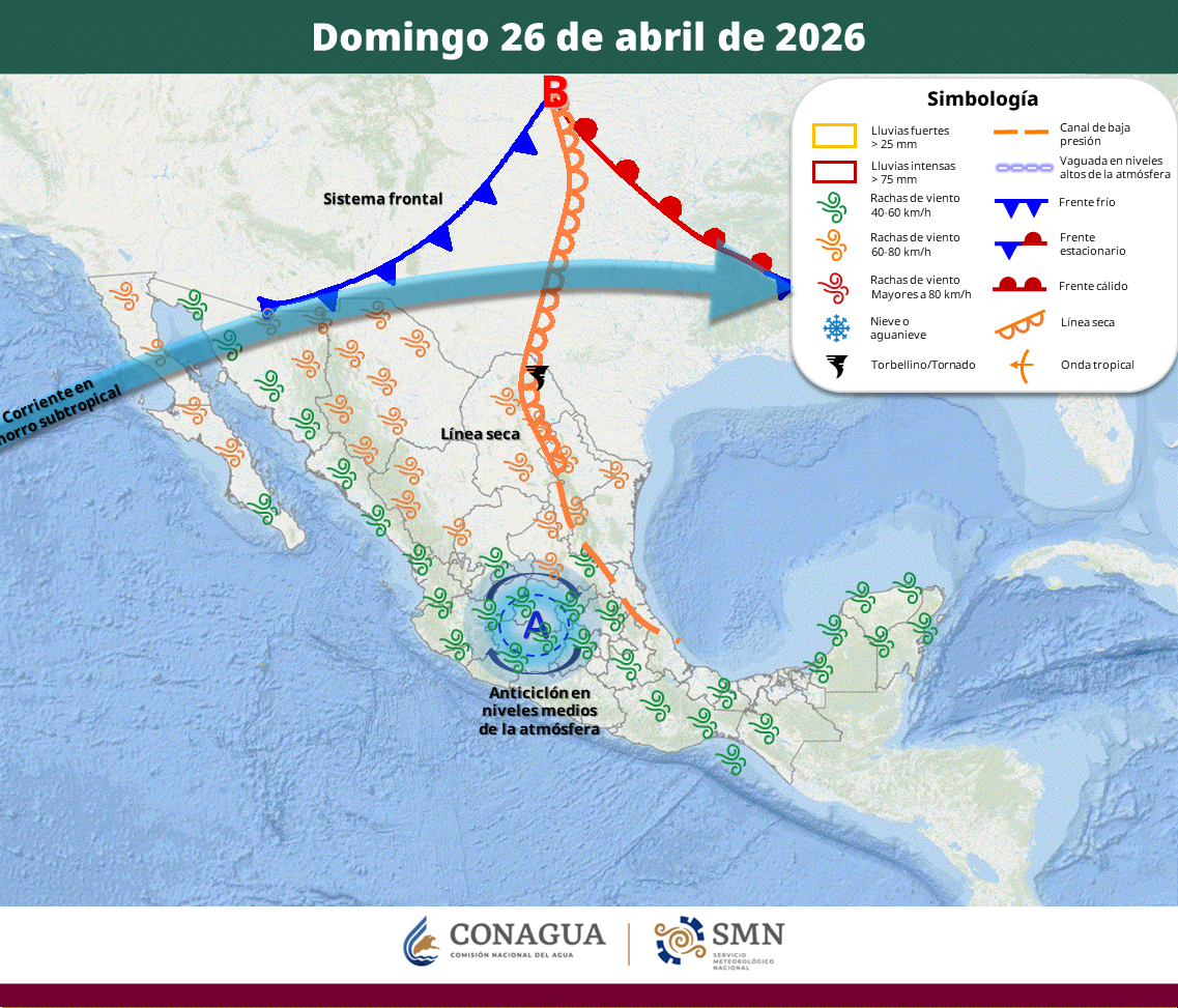La Ciudad de México también resentirá altas temperaturas, mientras en Coahuila, Nuevo León y Tamaulipas se esperan chubascos y fuertes rachas de viento. Protección Civil alertó por posibles caída de árboles, anuncios y afectaciones por polvo.