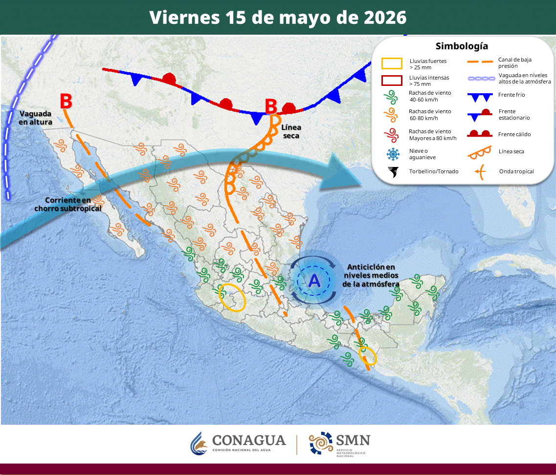 Un sistema anticiclónico mantendrá temperaturas de hasta 45 grados Celsius en al menos 12 estados, mientras canales de baja presión provocarán lluvias intensas, granizadas y fuertes vientos en distintas regiones del país.