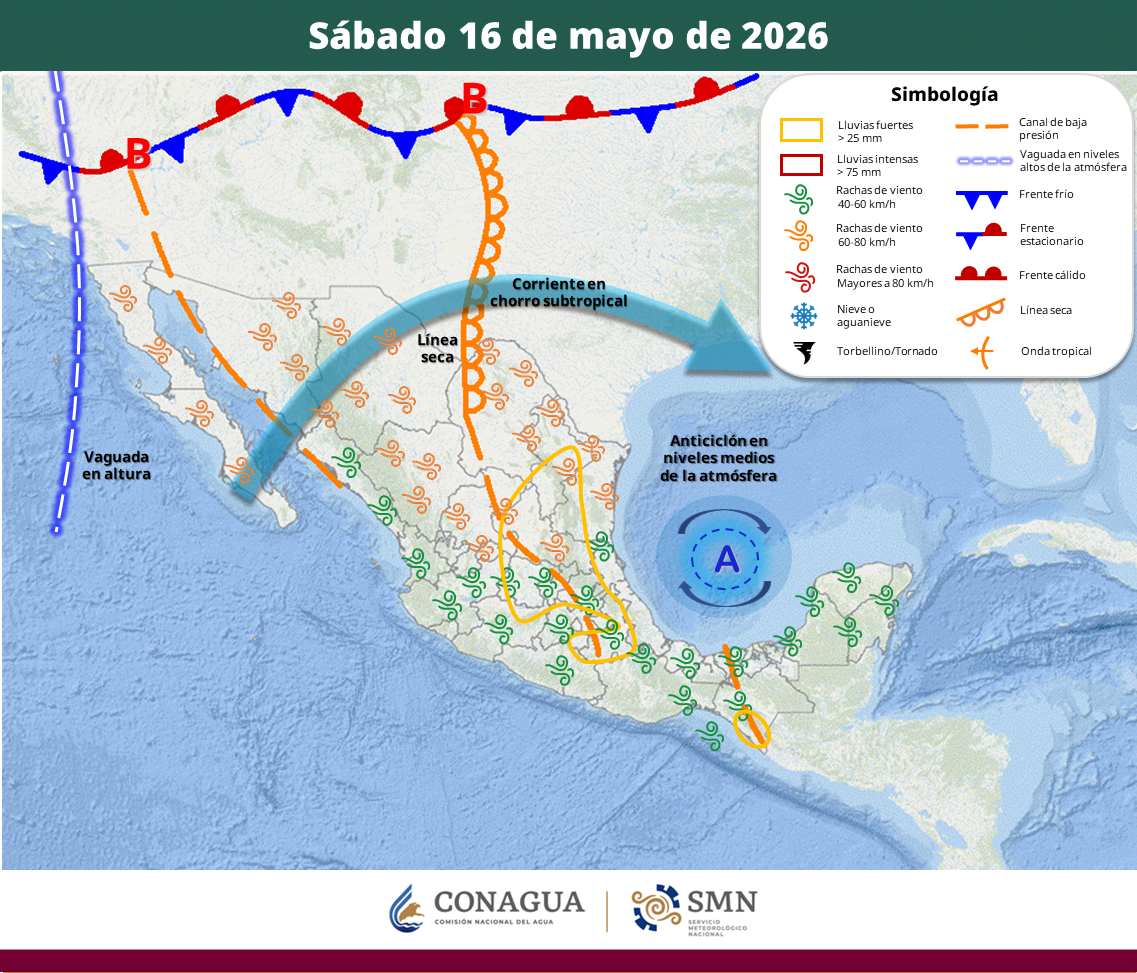 La onda de calor se mantendrá en más de 20 estados, mientras lluvias, vientos intensos y posibles tolvaneras impactarán regiones del norte, centro y sureste de México.