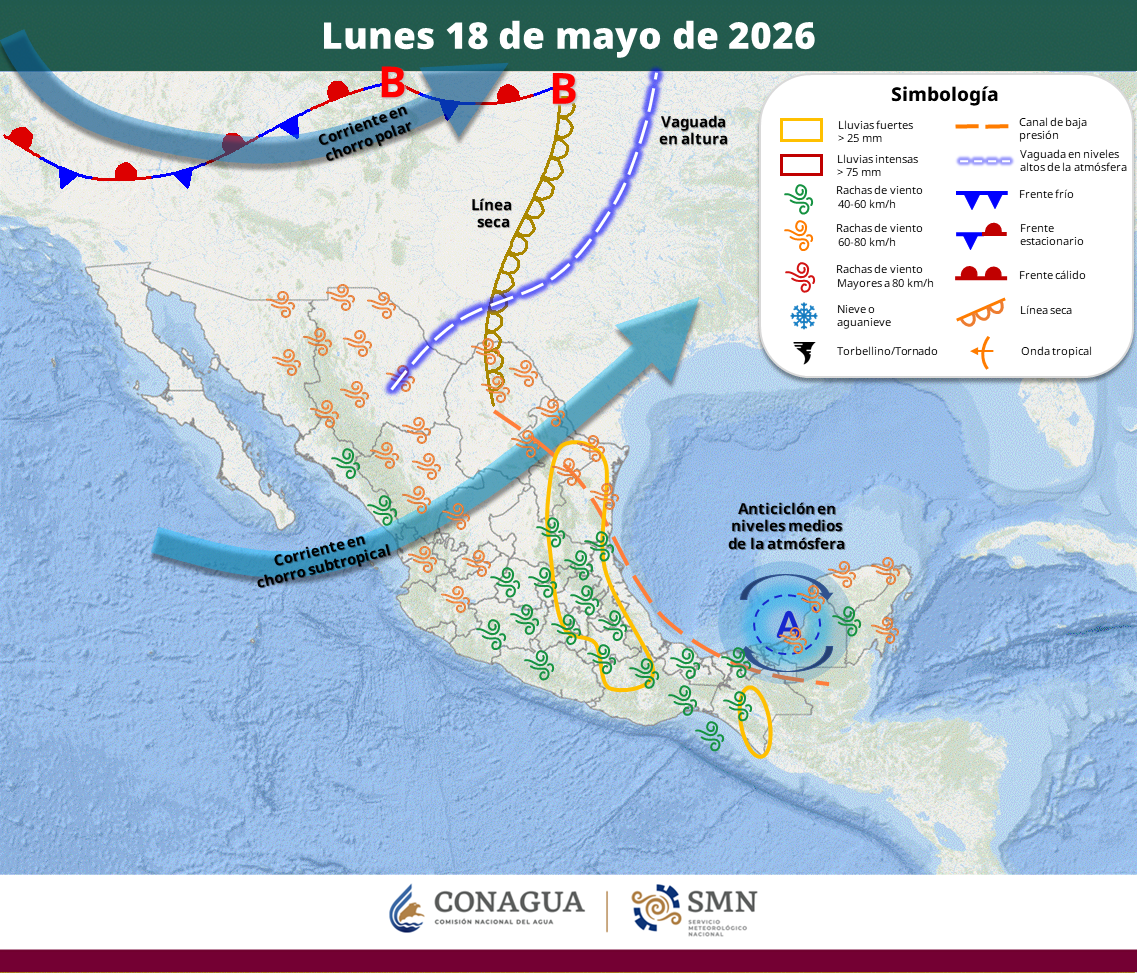 Nuevo León, Tamaulipas y San Luis Potosí registrarán precipitaciones muy fuertes, mientras más de 20 estados mantendrán temperaturas superiores a los 40 grados Celsius por efectos de la onda de calor y sistemas atmosféricos activos.