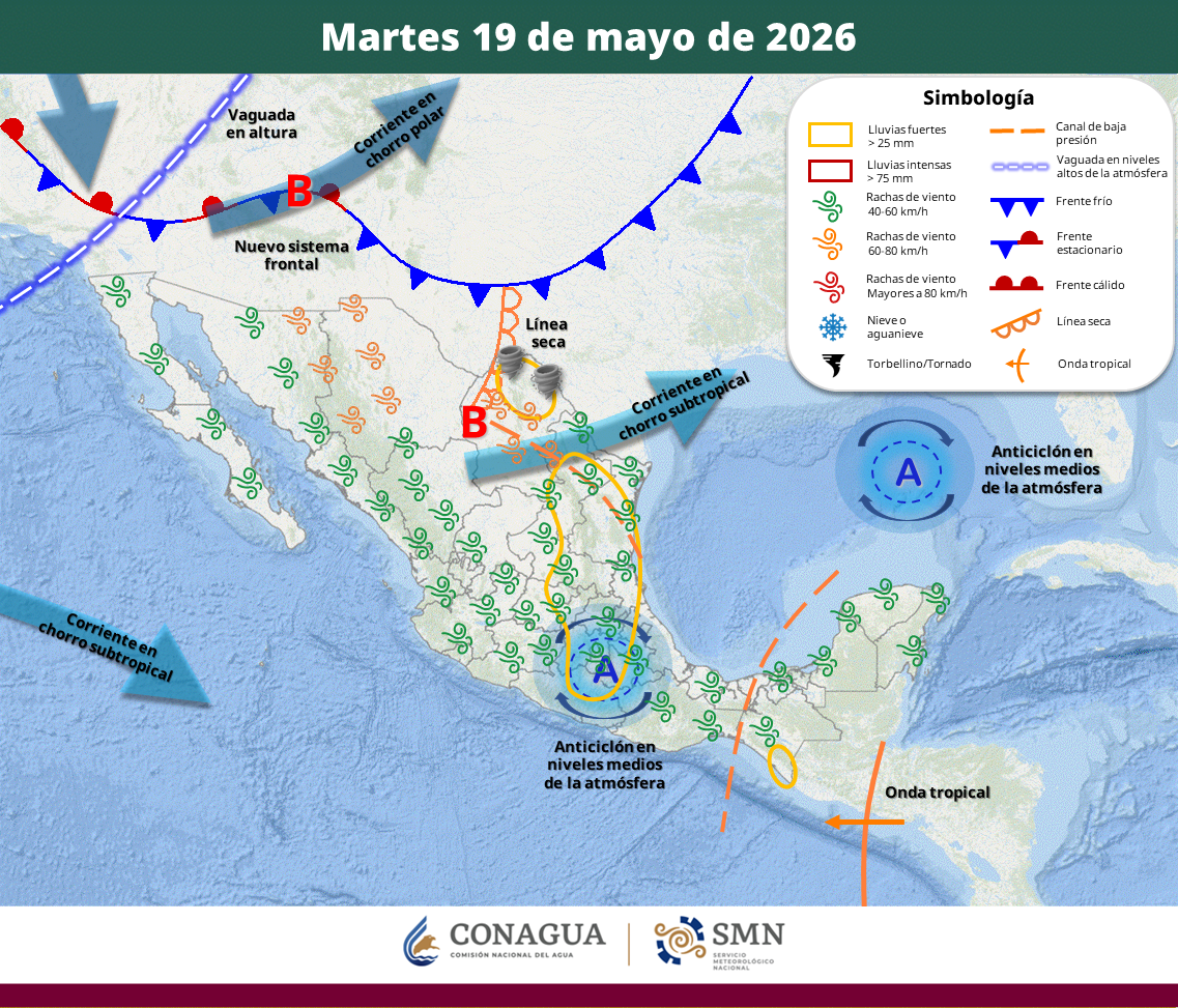 El SMN prevé tormentas con granizo, vientos de hasta 80 kilómetros por hora y temperaturas superiores a los 40 grados en más de una decena de estados.