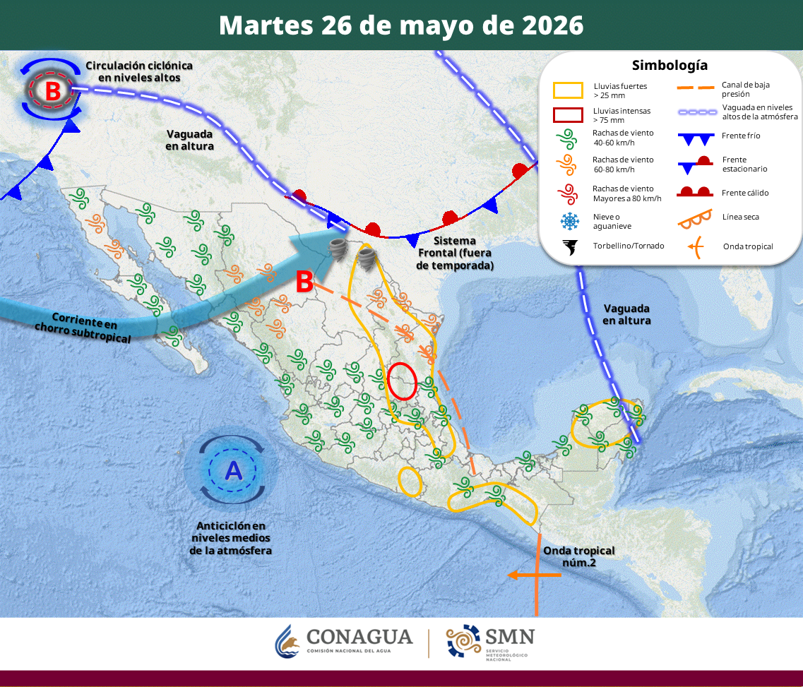 El pronóstico meteorológico para las próximas 48 horas prevé lluvias intensas en Tamaulipas y San Luis Potosí, así como posible formación de torbellinos o tornados en Coahuila. Mientras tanto, continuará la onda de calor en entidades del occidente, sur y sureste del país, con temperaturas de hasta 45 grados Celsius.