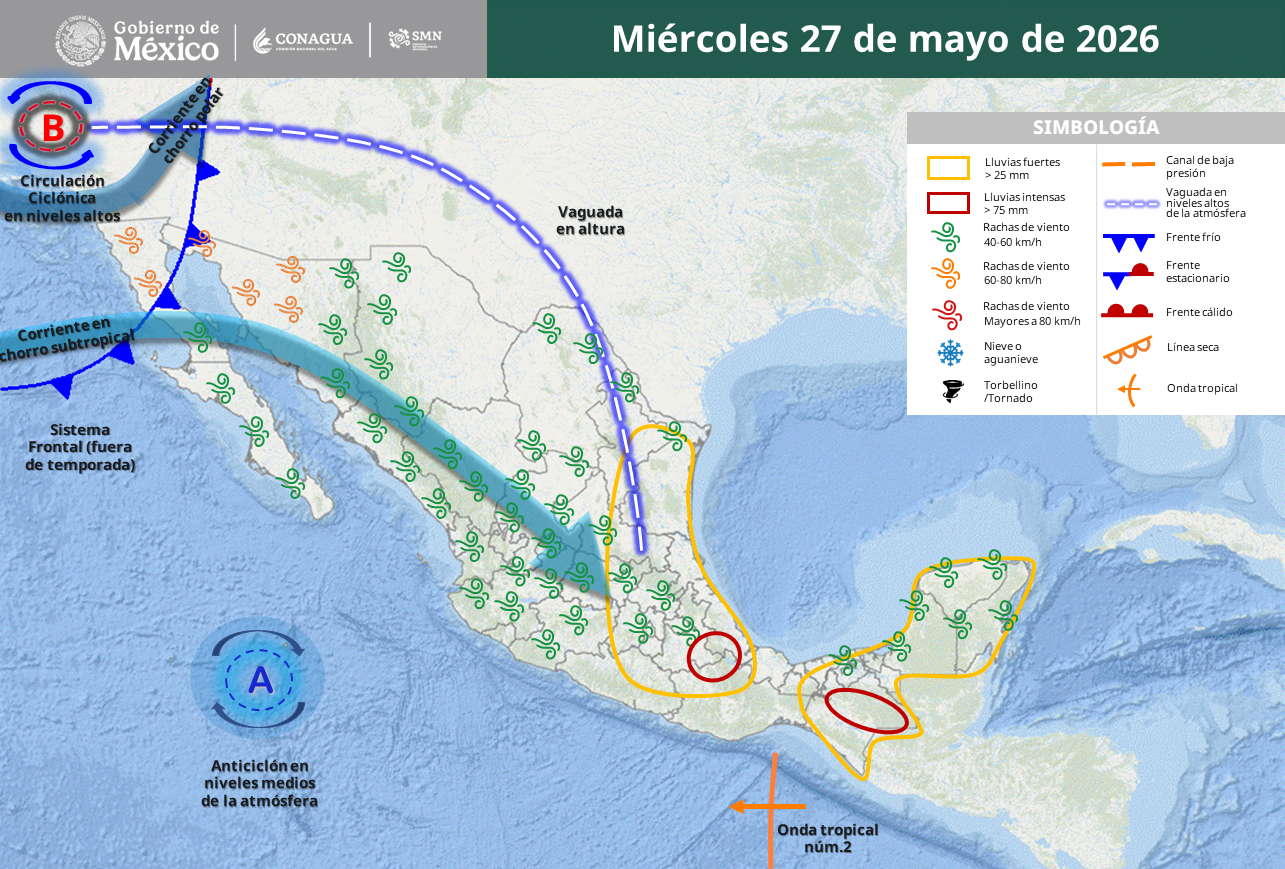 Puebla, Veracruz, Oaxaca y Chiapas enfrentarán precipitaciones de hasta 150 milímetros, mientras persisten temperaturas superiores a los 40 grados en al menos siete estados del país.