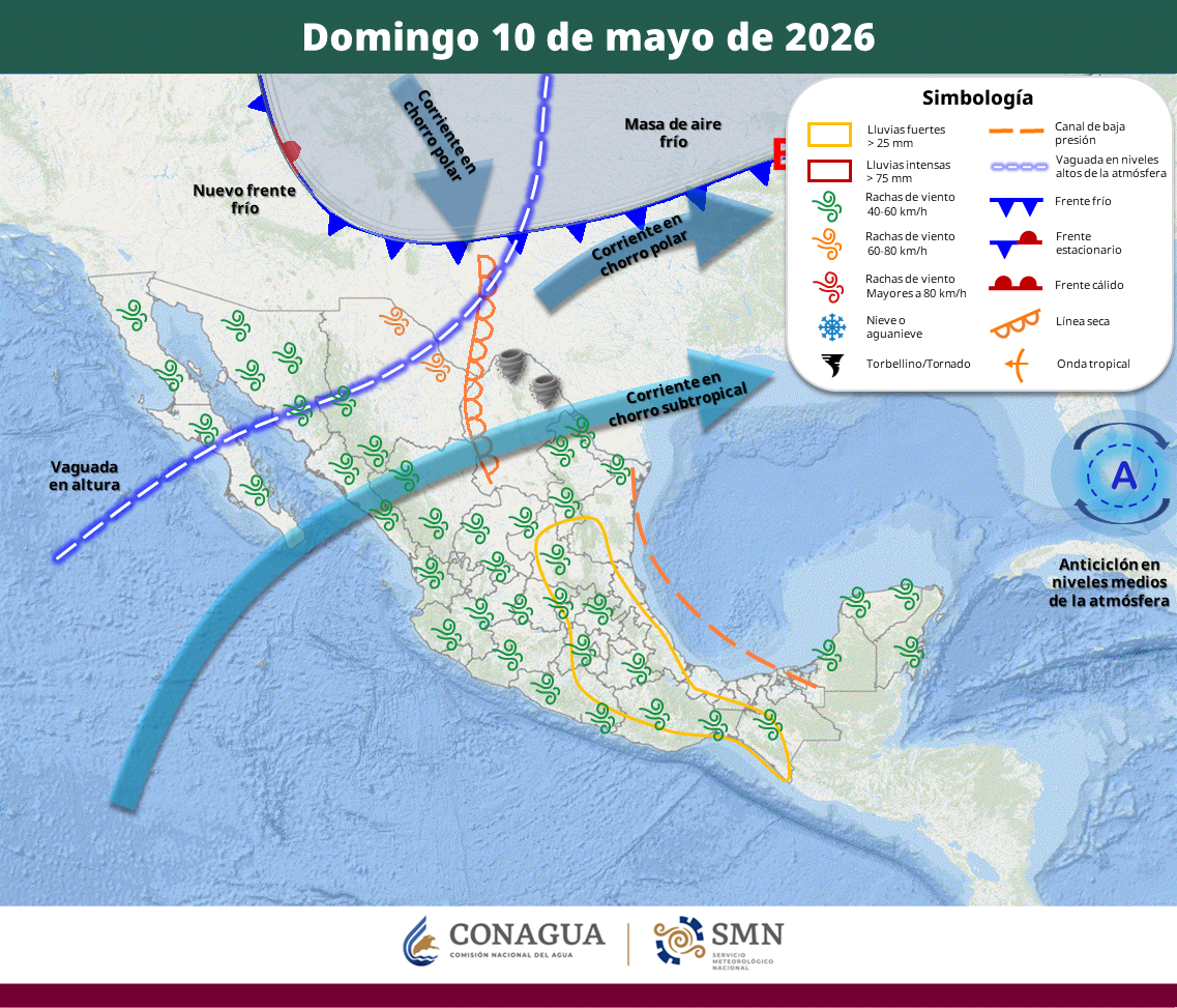 El Servicio Meteorológico Nacional pronosticó temperaturas superiores a los 45 grados en Sonora y Sinaloa, además de lluvias intensas en entidades del centro y oriente del país. Un nuevo frente frío provocará vientos fuertes y posibles torbellinos en Coahuila.