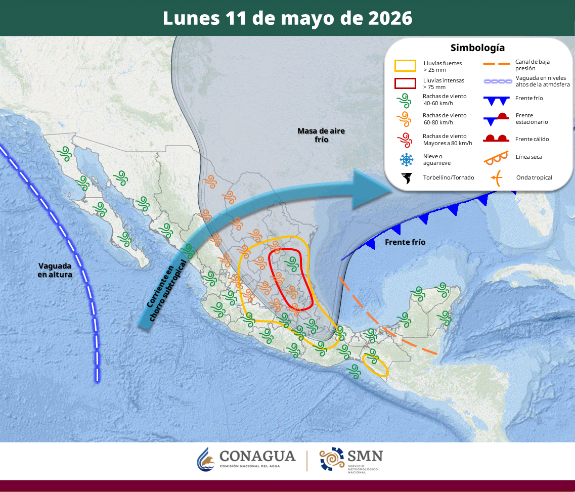El fenómeno impactará desde este lunes al noreste, centro y oriente de México, mientras persiste la onda de calor en entidades del norte y Pacífico.