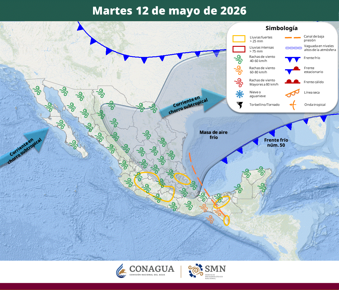 El sistema frontal mantendrá precipitaciones en el noreste, centro y sureste de México, mientras estados del Pacífico y norte del país continuarán con temperaturas superiores a los 45 grados Celsius.