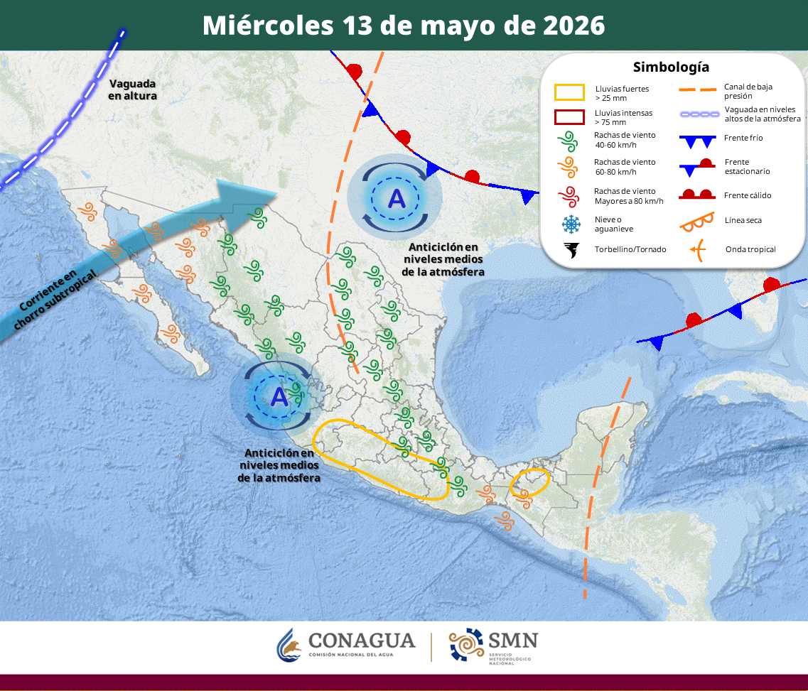Chiapas registrará precipitaciones muy fuertes, mientras que el norte y occidente del país mantendrán temperaturas superiores a los 45 grados Celsius, informó el Servicio Meteorológico Nacional.