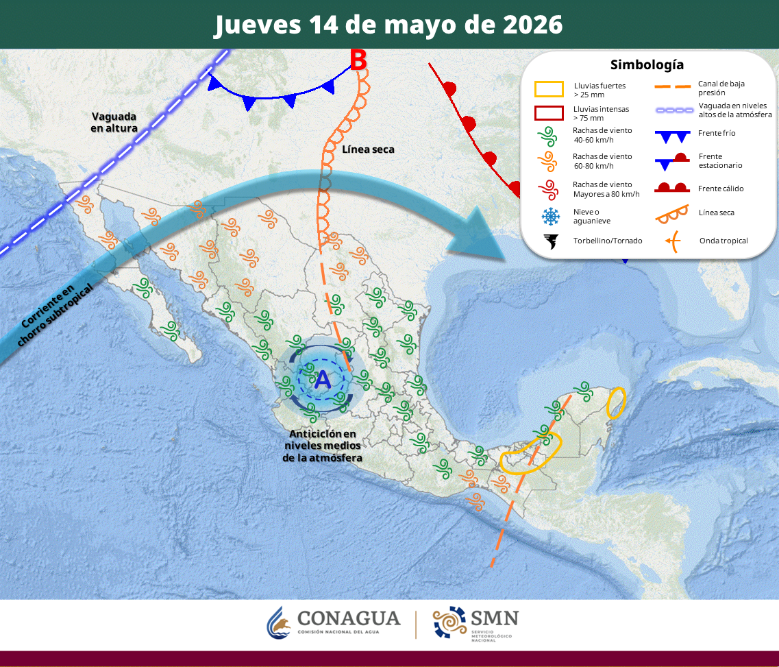 El Servicio Meteorológico Nacional alertó por temperaturas superiores a 45 grados en Sonora y Sinaloa, además de lluvias intensas en el sureste y rachas de viento de hasta 70 kilómetros por hora en el norte del país.