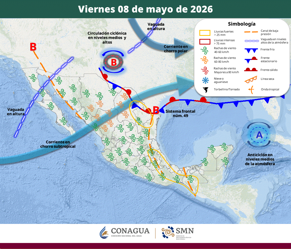 El sistema frontal estacionario y otros fenómenos meteorológicos generarán precipitaciones muy fuertes en al menos siete estados, mientras persiste la onda de calor con temperaturas superiores a los 45 grados en zonas del norte y sur del país.