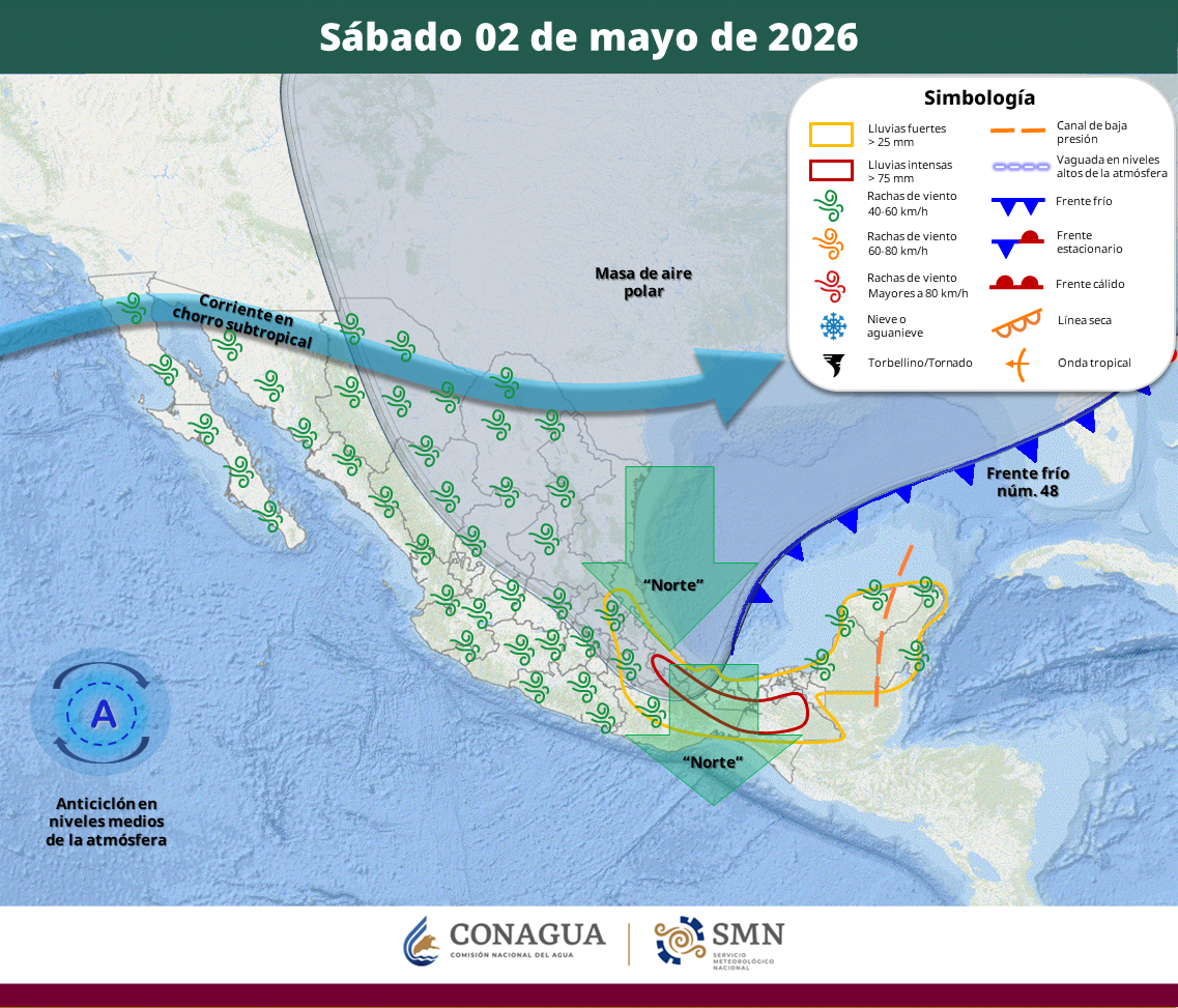El sistema avanzará sobre el Golfo de México y el sureste, con precipitaciones intensas en Veracruz, Oaxaca y Chiapas, además de evento de “Norte” y fin de la onda de calor en varias entidades.