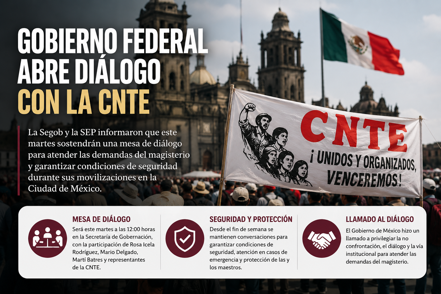 La Segob y la SEP informaron que este martes sostendrán una mesa de diálogo con dirigentes de la CNTE para atender las demandas del magisterio y garantizar condiciones de seguridad durante sus movilizaciones en la Ciudad de México.