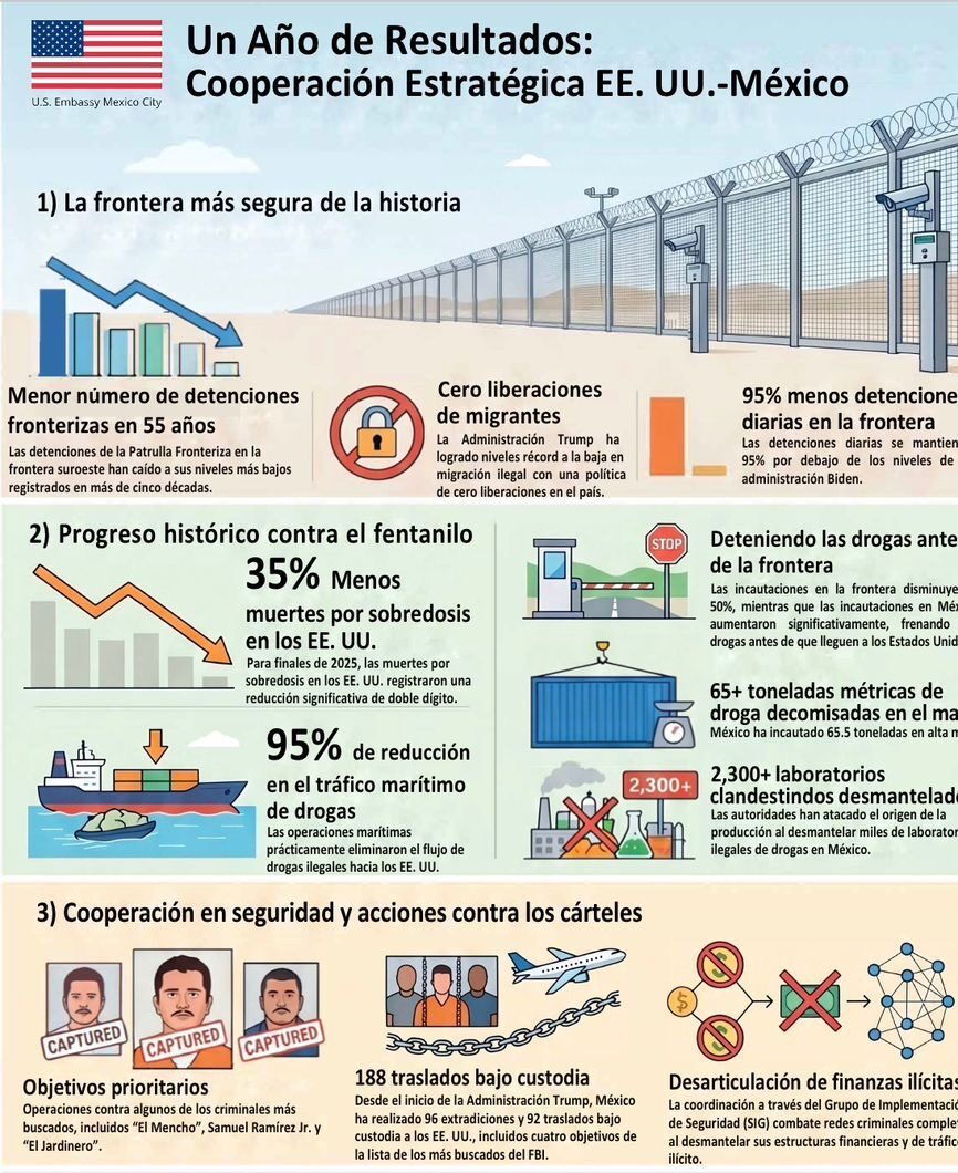 El diplomático estadounidense destacó 96 extradiciones, más de 2 mil 300 laboratorios clandestinos desmantelados y una caída en el tráfico marítimo de drogas como resultados de la cooperación bilateral entre México y Estados Unidos.