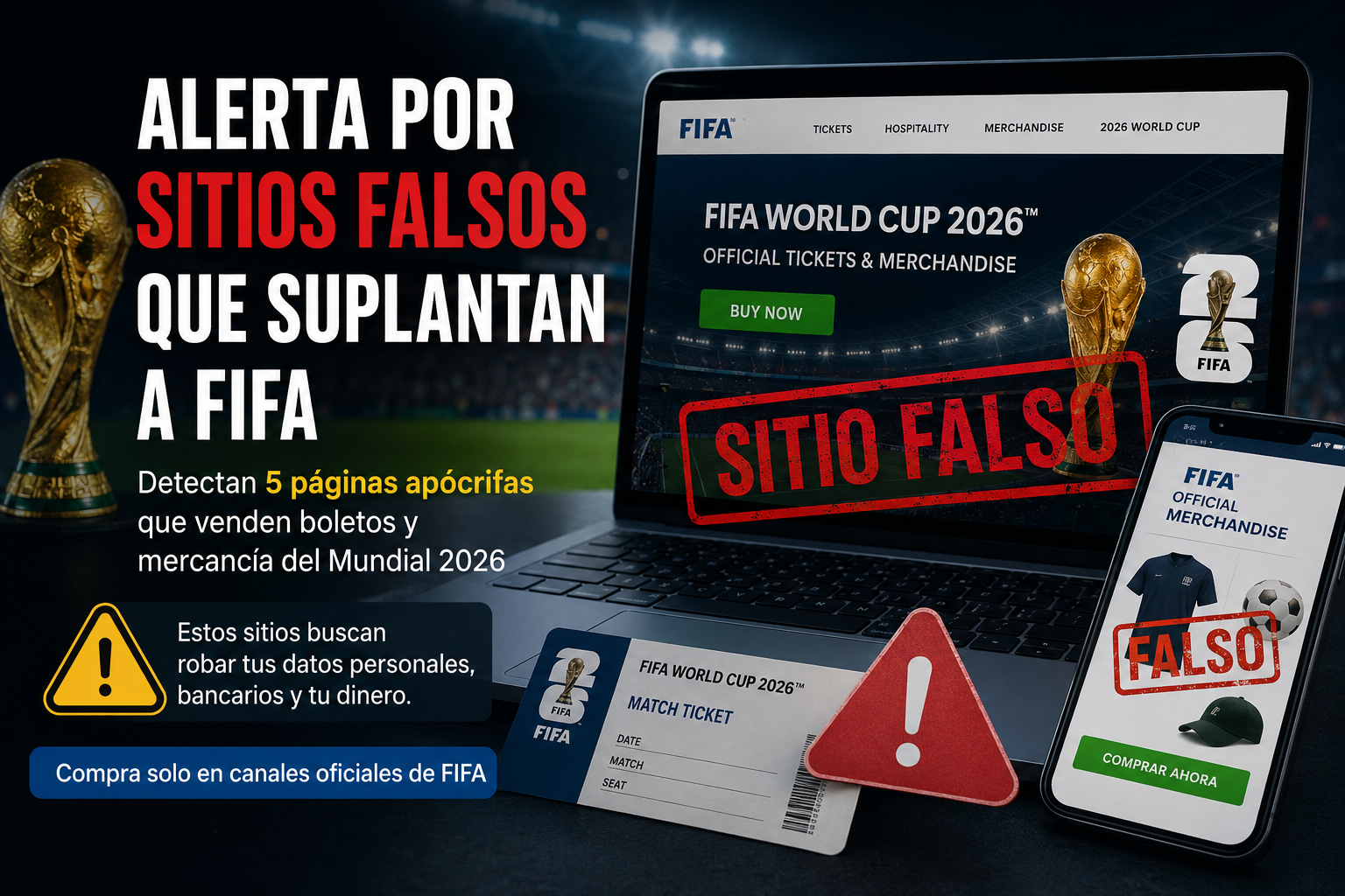 Detectan 5 sitios falsos que suplantan a FIFA para vender boletos y mercancía del Mundial 2026 Especialistas y autoridades alertan sobre fraudes digitales que buscan robar datos personales, bancarios y dinero mediante páginas apócrifas relacionadas con la Copa del Mundo. CIUDAD DE MÉXICO.- La fiebre por el Mundial 2026 también abrió la puerta a una ola de fraudes digitales. Expertos en ciberseguridad detectaron al menos cinco sitios web falsos que suplantan la identidad de la FIFA para ofrecer boletos, paquetes turísticos y mercancía oficial inexistente del torneo que organizarán México, Estados Unidos y Canadá. Las páginas apócrifas utilizan diseños similares a los portales oficiales de la FIFA, además de promociones engañosas y ofertas con precios “exclusivos” para atraer a aficionados interesados en asegurar entradas para los partidos mundialistas. Una vez que las víctimas ingresan sus datos personales o bancarios, los ciberdelincuentes obtienen acceso a información financiera o realizan cargos indebidos. Investigaciones de firmas de seguridad digital revelaron que existen más de 4 mil 300 dominios falsos relacionados con el Mundial 2026 activos desde 2025, muchos de ellos enfocados en la venta fraudulenta de boletos y productos oficiales. La Procuraduría Federal del Consumidor (Profeco) y especialistas en seguridad informática recomendaron adquirir boletos únicamente a través del portal oficial de la FIFA y evitar enlaces compartidos por redes sociales, correos electrónicos o aplicaciones de mensajería. Además del robo de dinero, las autoridades advirtieron que algunos portales buscan obtener credenciales de acceso, números de tarjetas y documentos personales para cometer otros delitos financieros o suplantación de identidad. La Condusef recordó que los usuarios pueden denunciar páginas fraudulentas, perfiles falsos y correos sospechosos a través de su Portal de Fraudes Financieros.