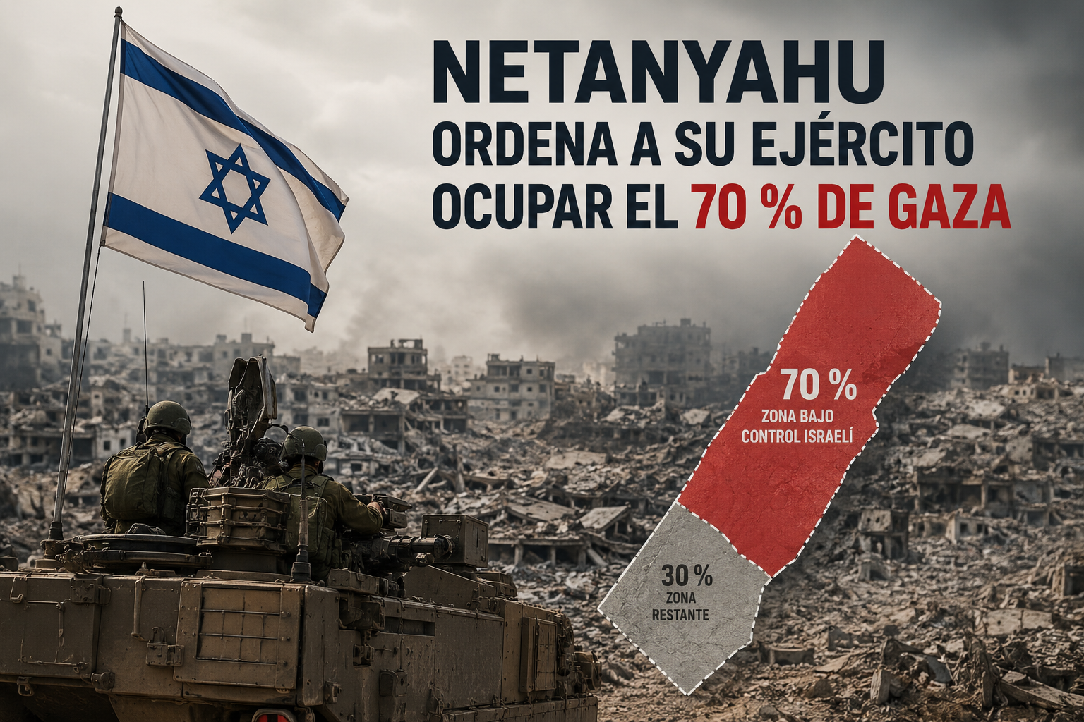 El primer ministro israelí, Benjamin Netanyahu, anunció que instruyó a las Fuerzas de Defensa de Israel ampliar su control territorial en la Franja de Gaza hasta alcanzar el 70 %, en medio de críticas por presuntas violaciones al acuerdo de alto el fuego y una creciente crisis humanitaria.