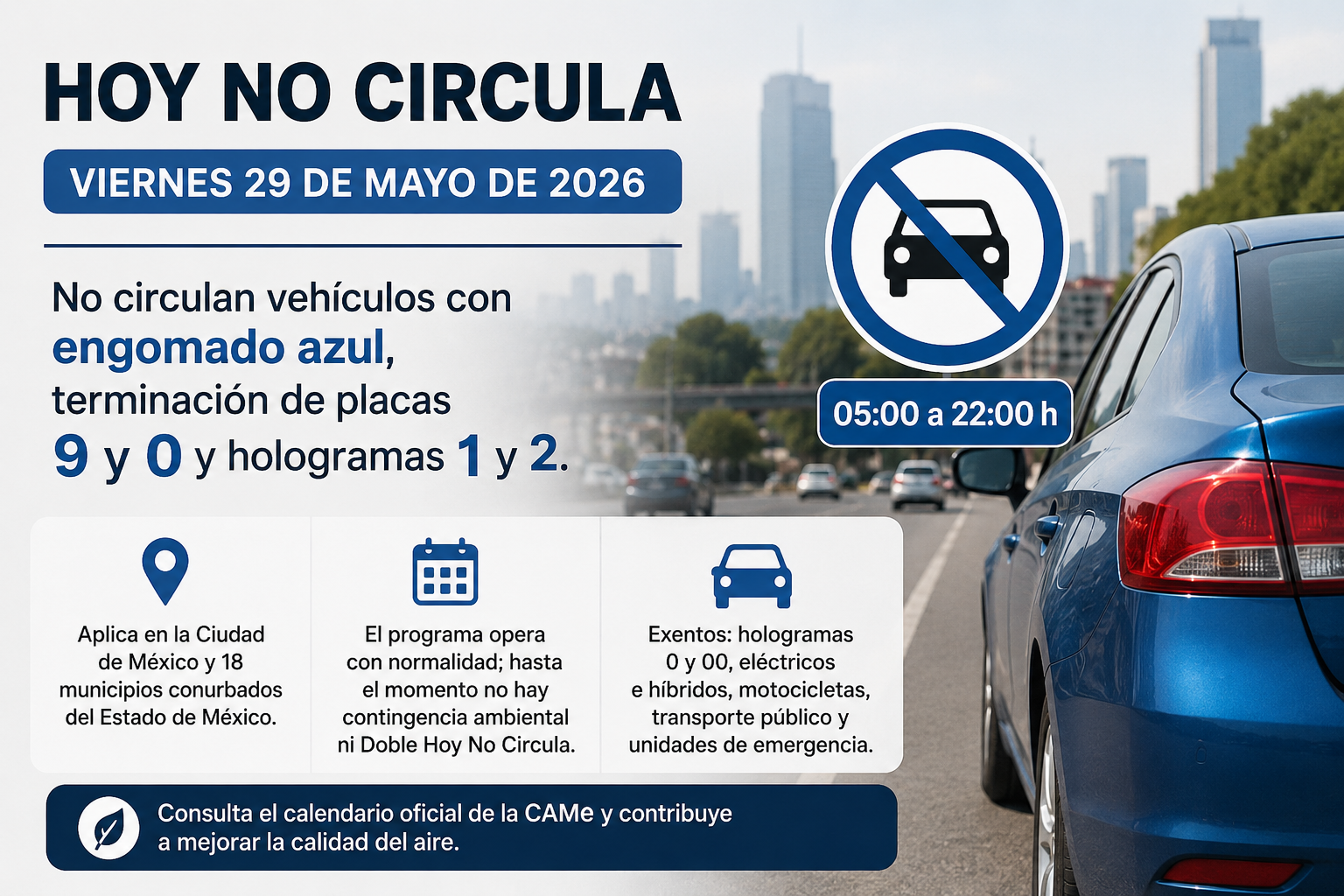 El programa Hoy No Circula se aplicará con normalidad este 29 de mayo en la Ciudad de México y municipios conurbados del Estado de México. Hasta la tarde del jueves no se había decretado contingencia ambiental ni restricciones extraordinarias.