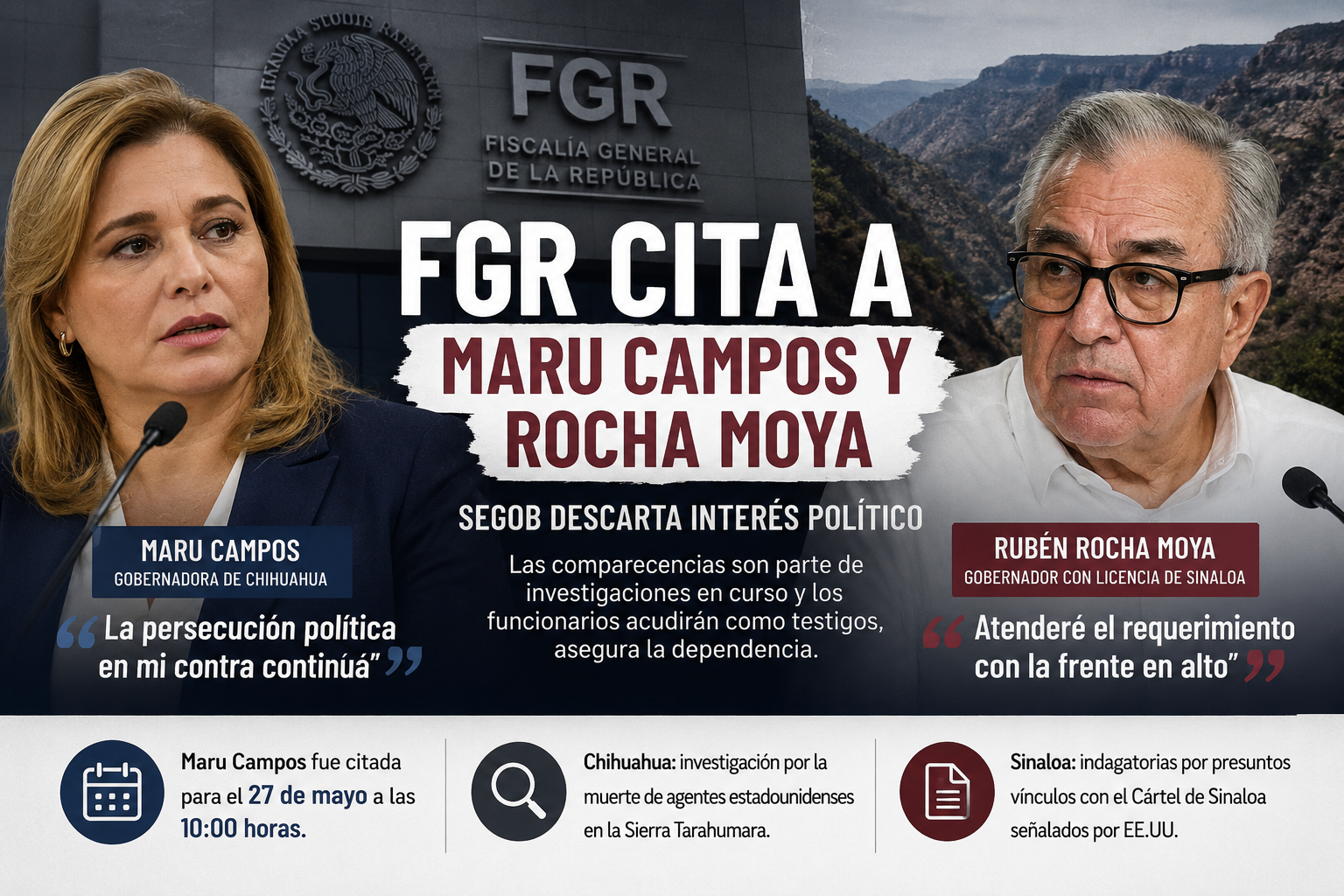 La gobernadora de Chihuahua denunció “persecución política”, mientras que el mandatario con licencia de Sinaloa aseguró que acudirá “con la frente en alto”; Gobernación afirmó que ambos comparecerán únicamente como testigos.