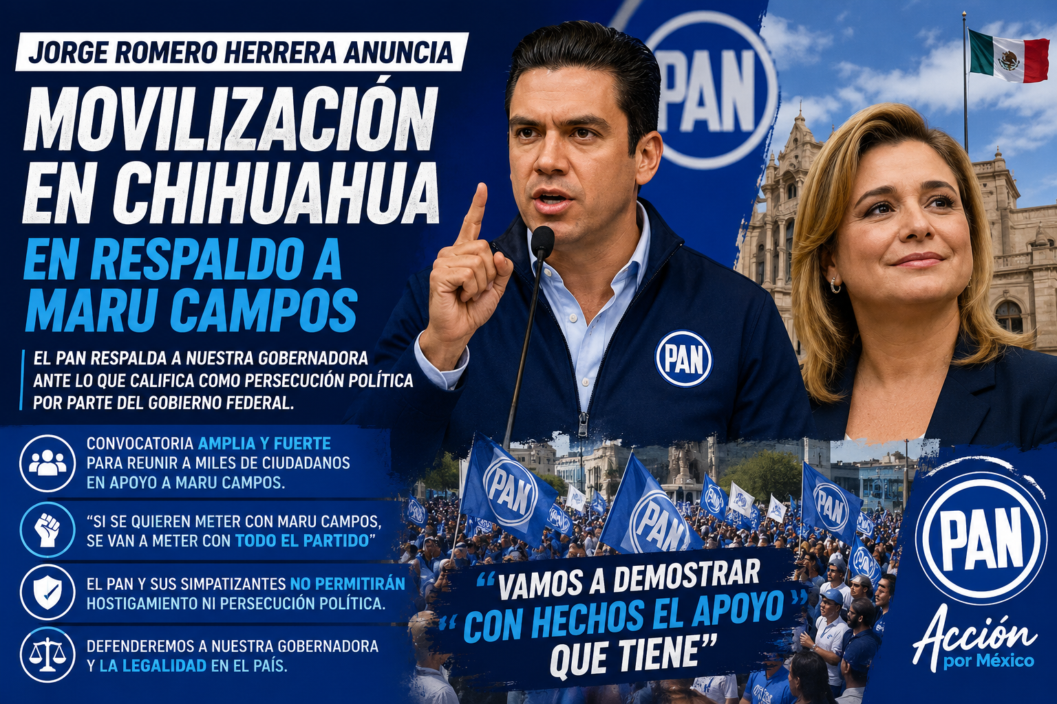 El dirigente nacional del Partido Acción Nacional, Jorge Romero Herrera, anunció una movilización en Chihuahua para este fin de semana en respaldo a la gobernadora Maru Campos, en medio de lo que calificó como una persecución política por parte del gobierno federal. Romero Herrera adelantó que el partido prepara una convocatoria “amplia y fuerte” que buscará reunir a miles de ciudadanos en apoyo a la mandataria estatal. Señaló que esta acción forma parte de una serie de medidas para demostrar el respaldo político y social hacia Campos. “Se verá una convocatoria amplia, fuerte, para nuestra gobernadora”, afirmó, al subrayar que el PAN y simpatizantes en todo el país están indignados por lo que consideran un hostigamiento institucional. El líder panista advirtió que, de continuar las acciones contra la gobernadora, el partido responderá con movilización y organización política. “Si se quieren meter con Maru Campos, se van a meter con todo el partido”, sostuvo. Asimismo, insistió en que las acciones del gobierno federal buscan justificar su propia incompetencia en materia de seguridad, al intentar responsabilizar a autoridades estatales por hechos en los que, dijo, deberían rendir cuentas instancias federales. Romero reiteró que la movilización del fin de semana será el primer paso de una estrategia más amplia para defender a la gobernadora y, según dijo, a la legalidad en el país. “Vamos a demostrar con hechos el apoyo que tiene”, concluyó.
