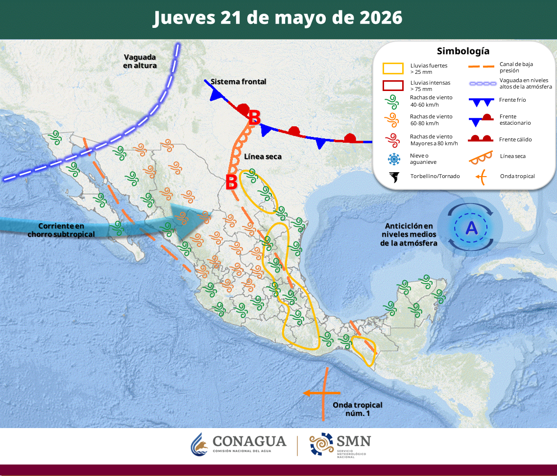 Oaxaca y Chiapas registrarán precipitaciones de hasta 75 milímetros, mientras que en el norte se prevén tolvaneras y rachas de viento de hasta 70 kilómetros por hora; persiste ambiente extremadamente caluroso.