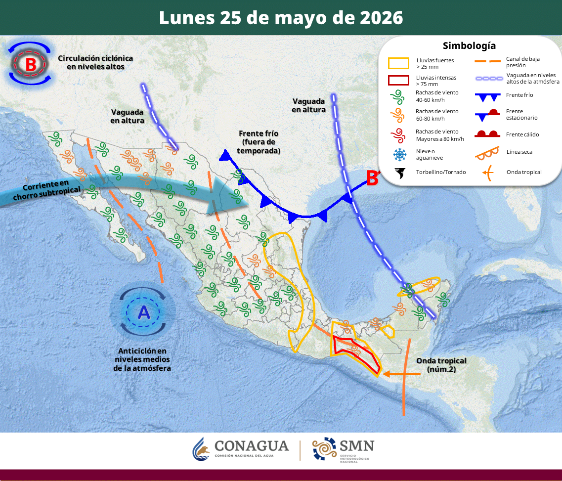 El Servicio Meteorológico Nacional advirtió precipitaciones intensas en Oaxaca y Chiapas, además de fuertes vientos y temperaturas de hasta 45 grados en al menos nueve estados del país.