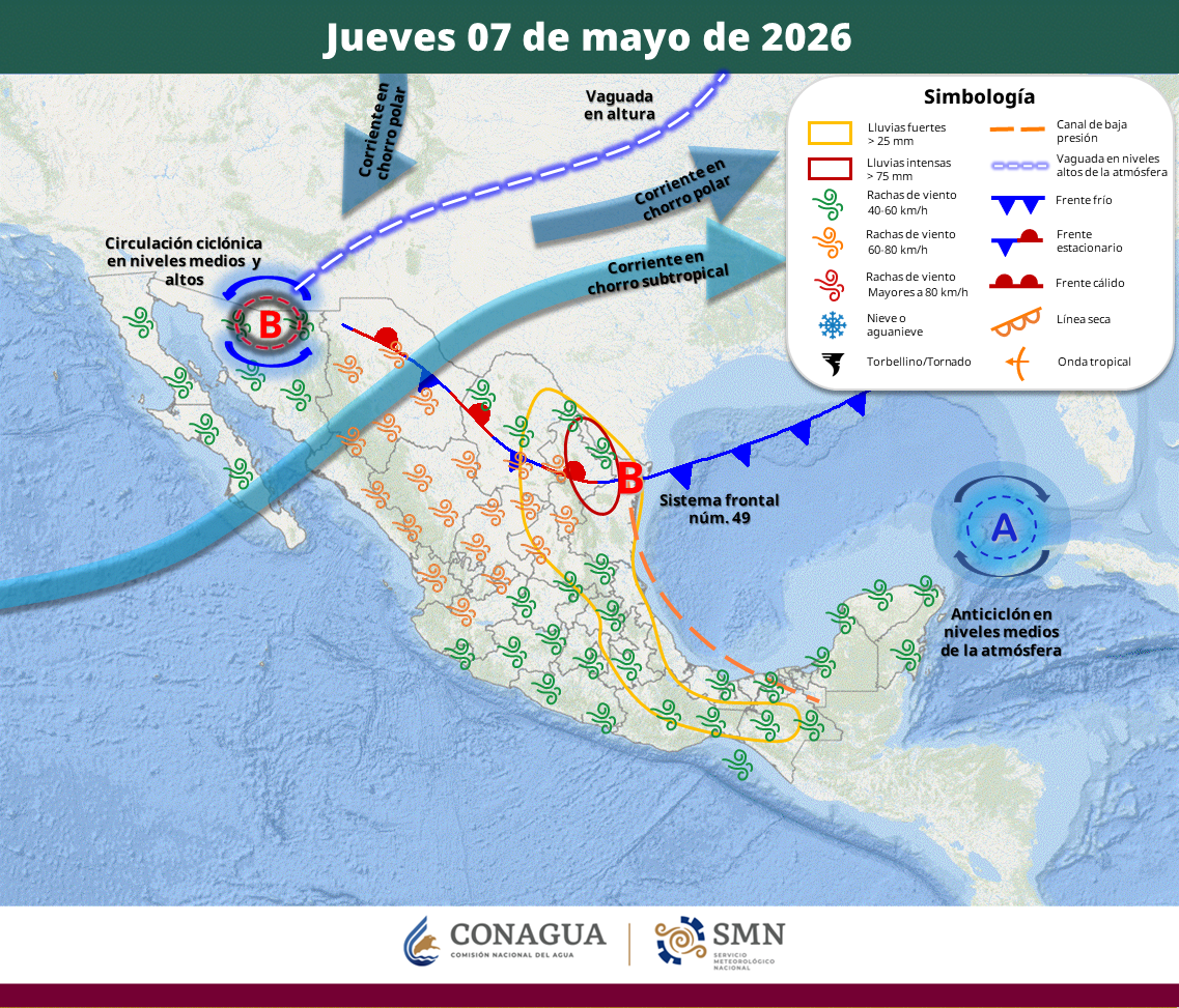 La onda de calor continuará este jueves en al menos 26 estados, mientras que el frente frío número 49 provocará lluvias intensas, descargas eléctricas y fuertes rachas de viento en el noreste del país, informó el Servicio Meteorológico Nacional (SMN).