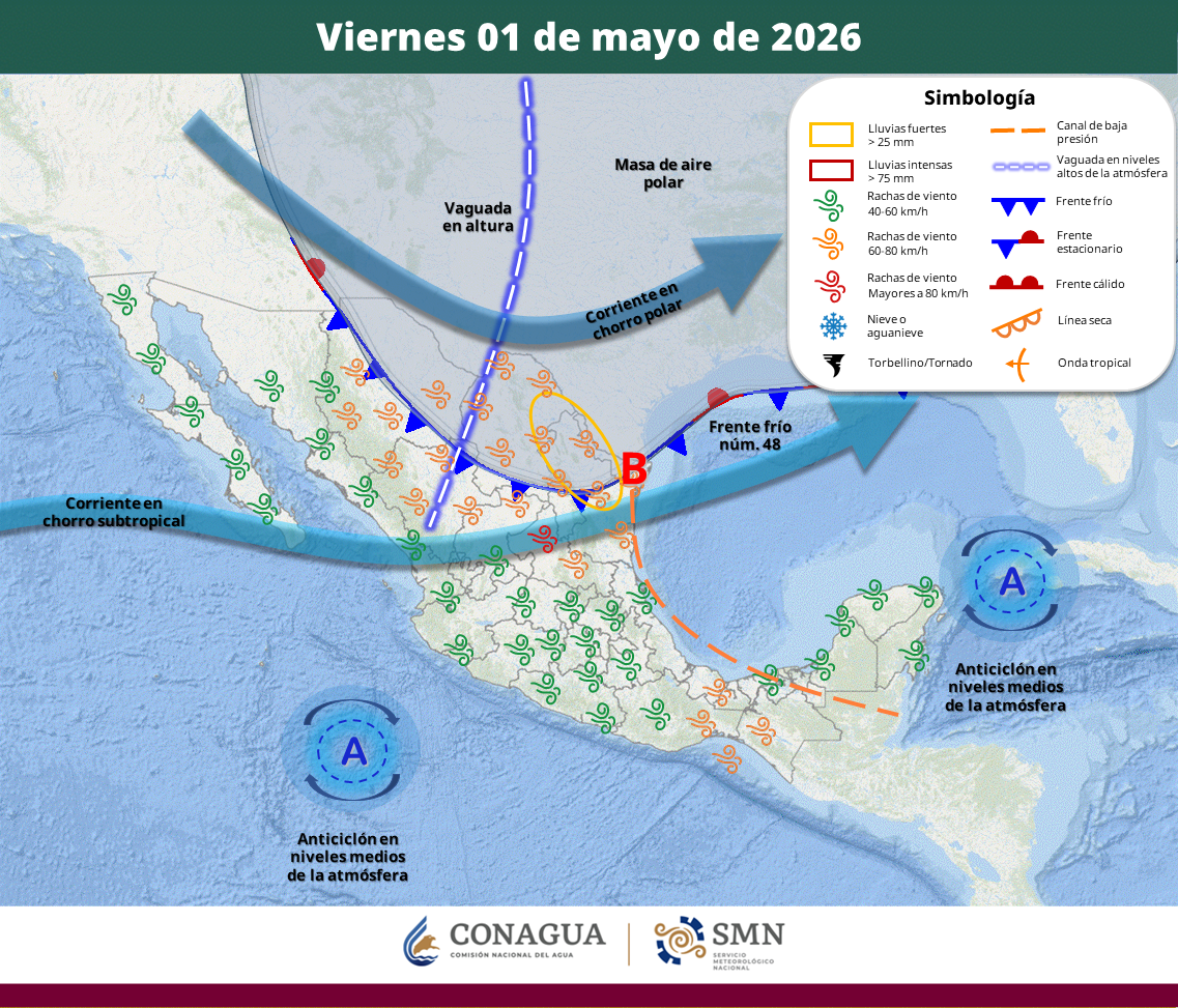 Persistirá onda de calor en gran parte del país; frente frío 48 provocará lluvias y fuertes vientos