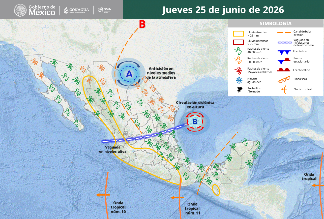 Pronostican lluvias intensas, calor extremo y fuertes vientos en el país.