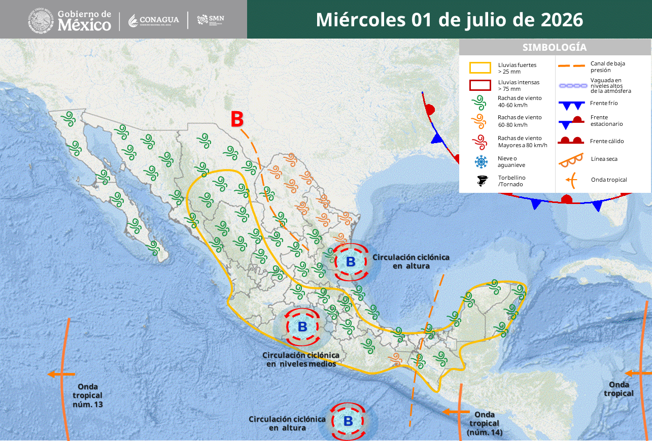 Pronóstico a 48 horas de Sistemas Meteorológicos. Período de validez de las 08:00 horas del miércoles 01 al jueves 02 de julio de 2026 Circulaciones ciclónicas en niveles medios y altos de la atmósfera en el noreste y sur del territorio nacional, en interacción con canales de baja presión en el norte y sureste del país y divergencia en altura, mantendrán la probabilidad de chubascos y lluvias fuertes a muy fuertes acompañadas con descargas eléctricas en gran parte de la República Mexicana, excepto en la península de Baja California y Sonora, con posible caída de granizo en estados del norte, centro y occidente de México. A su vez, prevalecerá el ambiente muy caluroso en el noroeste del territorio mexicano. Finalmente, una nueva onda tropical (núm. 14) se aproximará al sureste del país, reforzando la probabilidad de lluvia en dicha región. Los sistemas meteorológicos mencionados ocasionarán los siguientes efectos: Lluvias fuertes con puntuales muy fuertes (50 a 75 mm): Chihuahua (sur y suroeste), Durango (oeste y noroeste), Sinaloa (norte, centro y este), Jalisco (sur y sureste), Colima, Michoacán (oeste y noreste), Guanajuato (este), Querétaro (suroeste), Oaxaca (noroeste), Chiapas (noroeste), Veracruz (sur) y Tabasco (oeste). Chubascos con lluvias puntuales fuertes (25 a 50 mm): Nayarit (norte y este), Zacatecas (sur y suroeste), Aguascalientes, Hidalgo (este y suroeste), Puebla (norte, este y sureste), Tlaxcala, Estado de México (norte, centro y oeste), Ciudad de México, Morelos, Guerrero (norte, centro y este), Campeche (norte y suroeste), Yucatán (centro, sur y suroeste) y Quintana Roo (oeste). Intervalos de chubascos (5 a 25 mm): Coahuila, Nuevo León, Tamaulipas y San Luis Potosí. Viento de 30 a 40 km/h con rachas de 50 a 70 km/h: Oaxaca (istmo); de componente sur (surada): Coahuila, Nuevo León y Tamaulipas. Viento de 20 a 30 km/h con rachas de 40 a 60 km/h: Sonora, Chihuahua, Zacatecas y San Luis Potosí. Viento de 10 a 20 km/h con rachas de 30 a 50 km/h: Baja California, Baja California Sur, Sinaloa, Durango, Aguascalientes, Guanajuato, Querétaro, Hidalgo, Estado de México, Ciudad de México, Tlaxcala, Puebla, Veracruz, Chiapas, Tabasco, Campeche, Yucatán y Quintana Roo. Mar de fondo de 1.0 a 2.0 metros de altura: costa occidental de la península de Baja California, costas de Sinaloa, Nayarit, Jalisco, Colima, Michoacán, Guerrero, Oaxaca y Chiapas. Oleaje de 1.0 a 2.0 metros de altura: costa de Quintana Roo. Temperaturas máximas de 40 a 45 °C: Baja California (noreste), Baja California Sur (sur), Sonora (centro y sur) y Sinaloa (norte). Temperaturas máximas de 35 a 40 °C: Nayarit, Jalisco, Colima, Michoacán, Guerrero, Oaxaca, Chiapas, Chihuahua, Durango, Coahuila, Nuevo León, Tamaulipas, Veracruz (centro y sur), Tabasco, Campeche, Yucatán y Quintana Roo. Temperaturas máximas de 30 a 35 °C: Zacatecas (norte), San Luis Potosí (este), Puebla (norte y suroeste) y Morelos. Notas: Las lluvias fuertes y muy fuertes podrían estar acompañadas con descargas eléctricas y caída de granizo, además de originar incremento en los niveles de ríos y arroyos, deslaves, encharcamientos e inundaciones en zonas bajas. Las rachas fuertes de viento podrían derribar árboles y anuncios publicitarios.