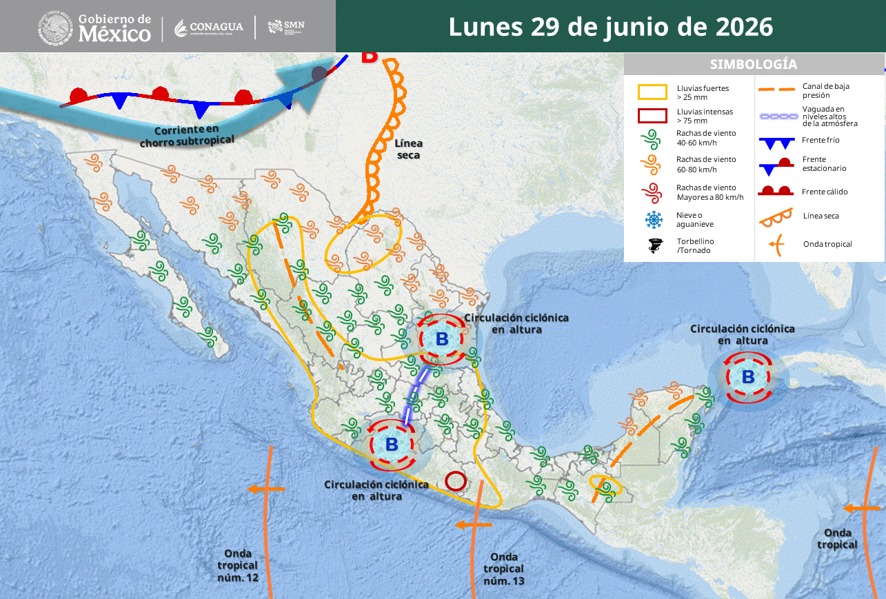 El SMN prevé lluvias intensas, vientos fuertes y temperaturas de hasta 45 °C.