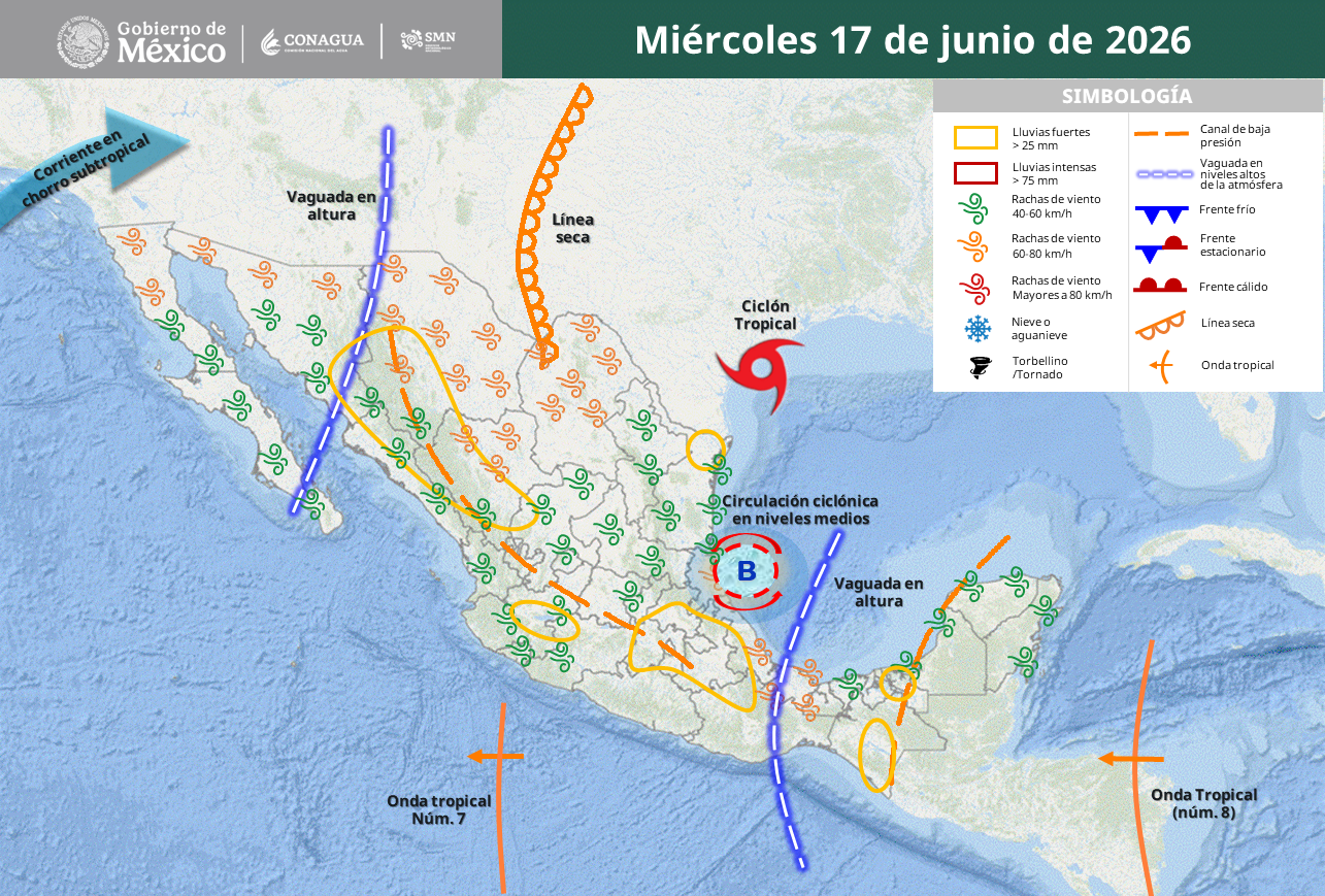 Chiapas lidera lluvias; alertan por vientos intensos y calor extremo.
