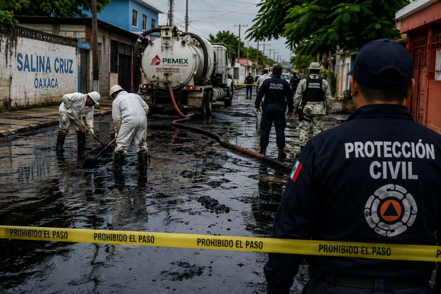 Pemex controla fuga; lluvias dispersan combustóleo en Salina Cruz.