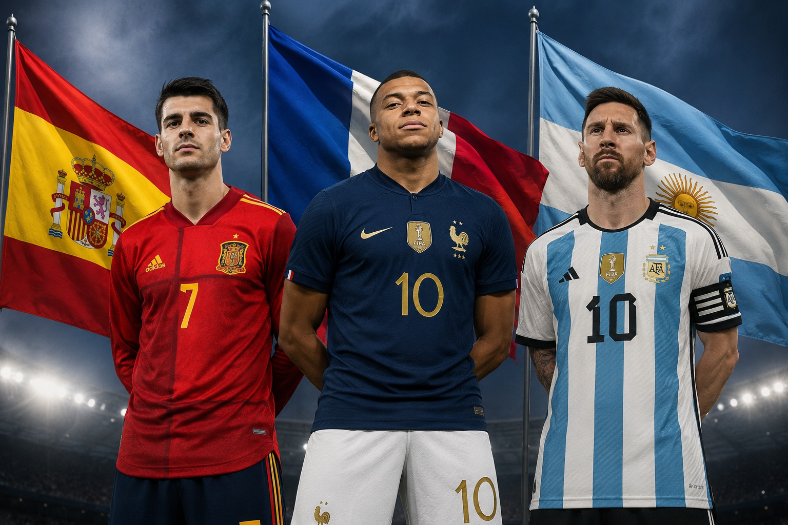 haz una foto ilustrativa de las selecciones de futbol de españa francia y argentina