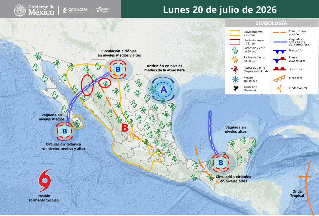 Monzón y canales de baja presión activan lluvias intensas en México.