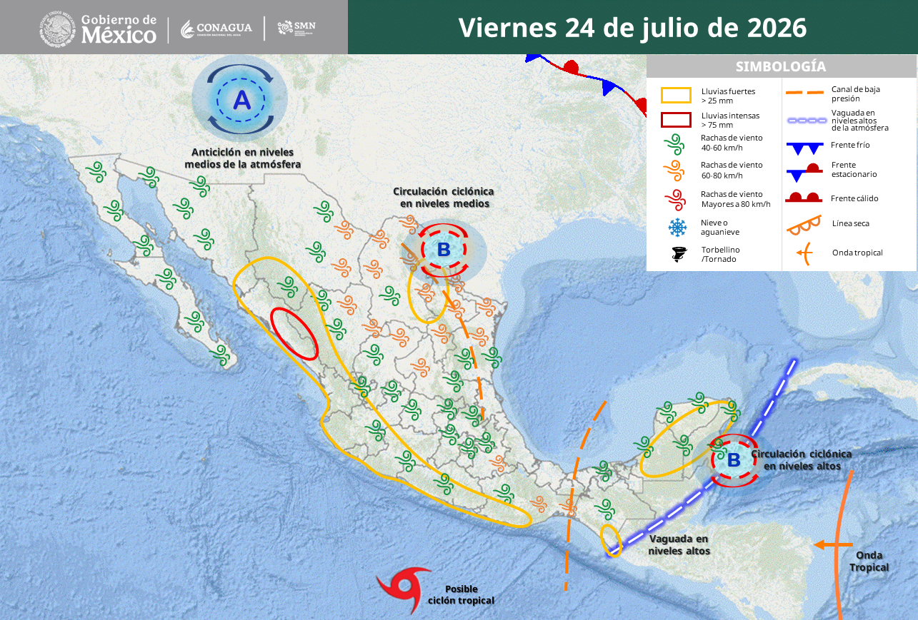 Prevén lluvias intensas, calor extremo y vientos fuertes en México.