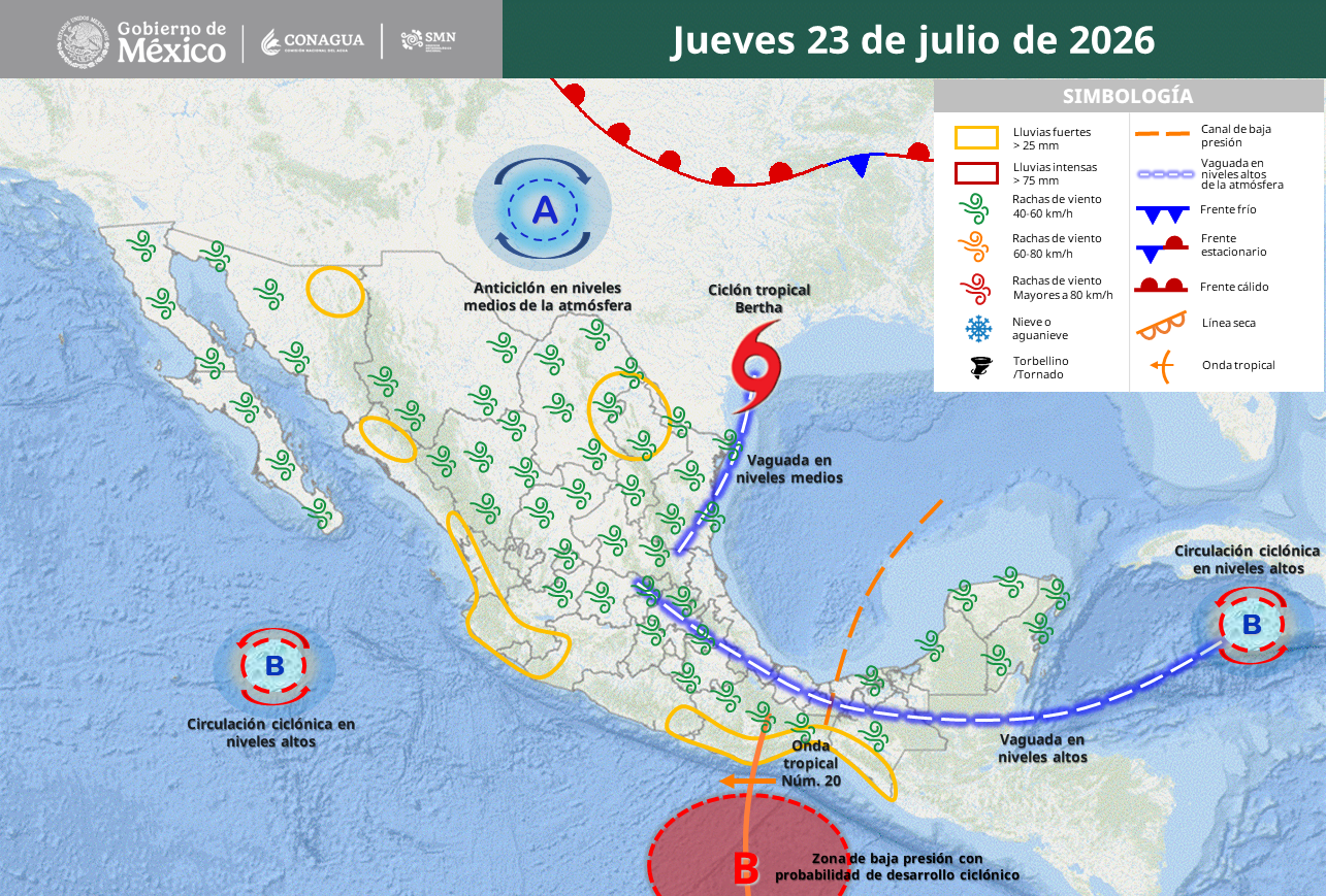 Bertha provoca lluvias intensas; calor extremo supera 45 grados.