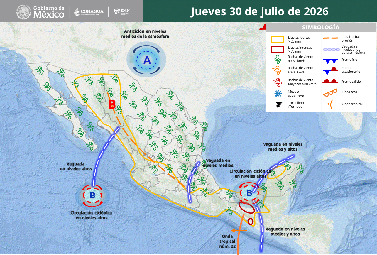 Chiapas y Tabasco tendrán lluvias intensas; persiste calor extremo.