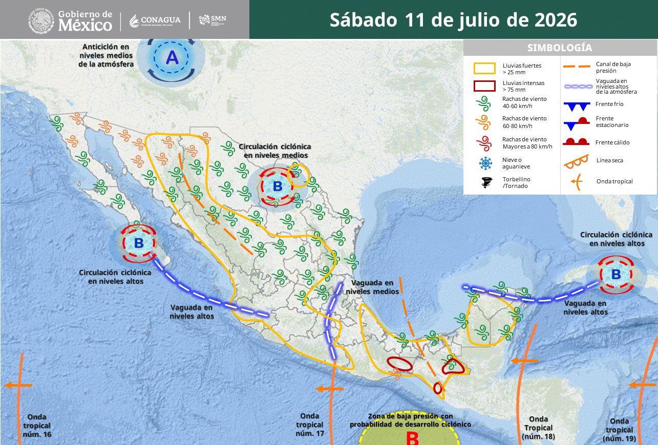 Oaxaca y Chiapas enfrentarán lluvias intensas; persiste ola de calor.