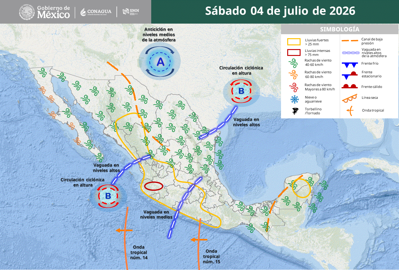 Jalisco tendrá lluvias intensas; persisten calor extremo y fuertes vientos.