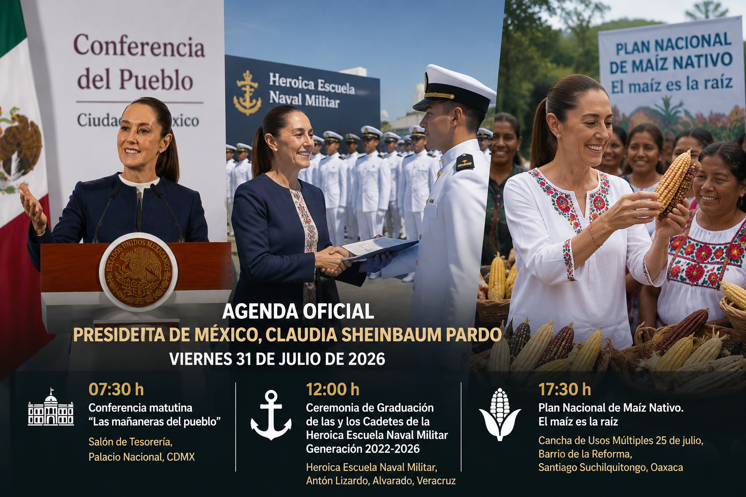 Presidenta tendrá mañanera, graduación naval y acto por el maíz nativo.