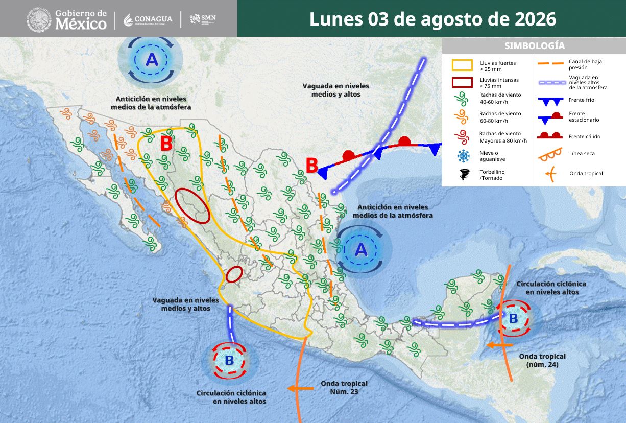monzón mexicano, lluvias intensas México, pronóstico del clima, SMN, Conagua, onda tropical 23, onda tropical 24, calor extremo, lluvias agosto 2026, inundaciones, temperaturas 45 grados, clima hoy