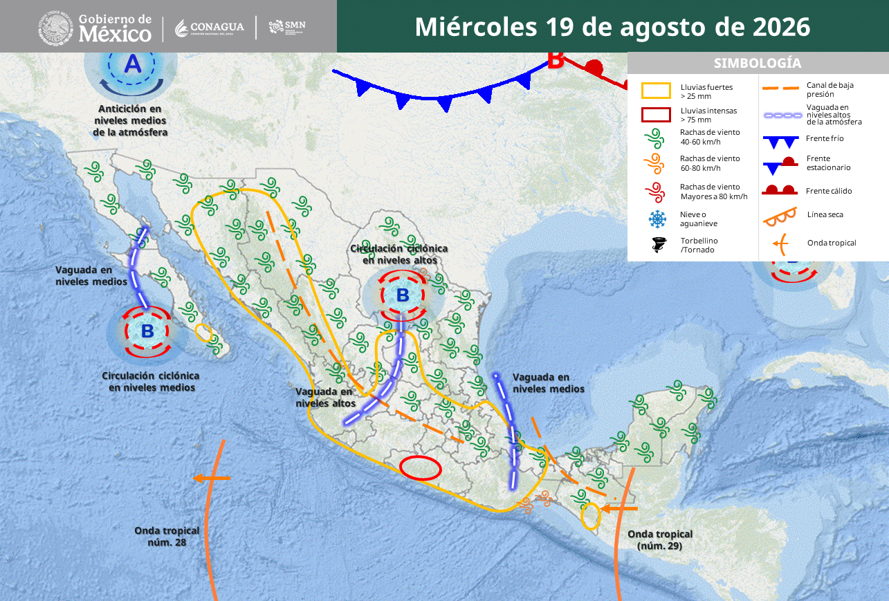 Guerrero y Oaxaca recibirán el golpe más fuerte de las lluvias este miércoles.