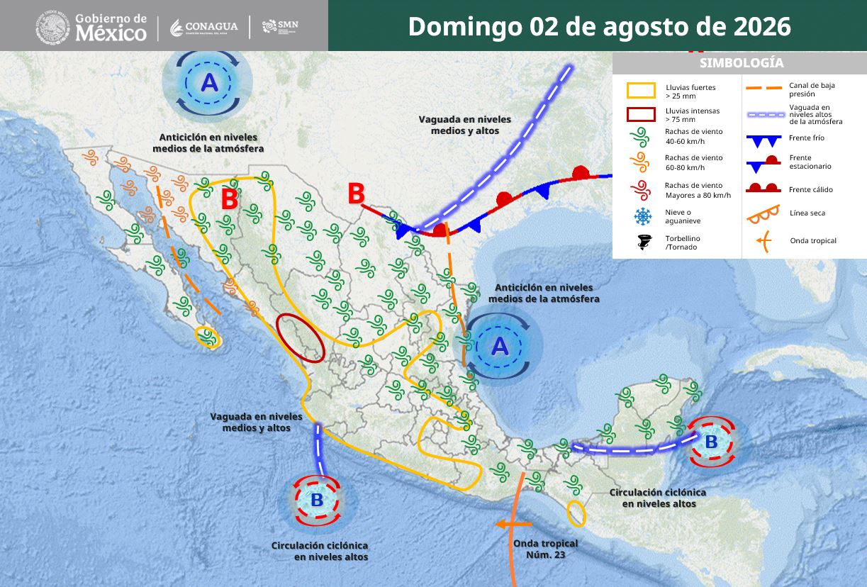 Monzón y frente frío elevan riesgo por lluvias, vientos y calor extremo.