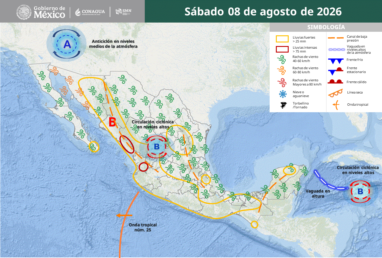 Monzón y onda tropical 25 desatan lluvias; persiste calor extremo