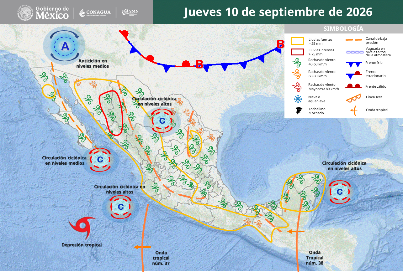 Monzón y ondas tropicales dejarán lluvias intensas, granizo y fuertes vientos en México; Sonora, Chihuahua y Sinaloa recibirán hasta 150 mm.