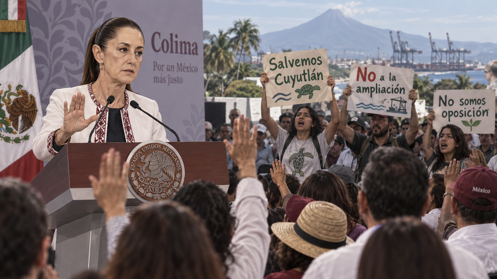 Protesta ambiental confronta a Sheinbaum durante su informe en Colima.