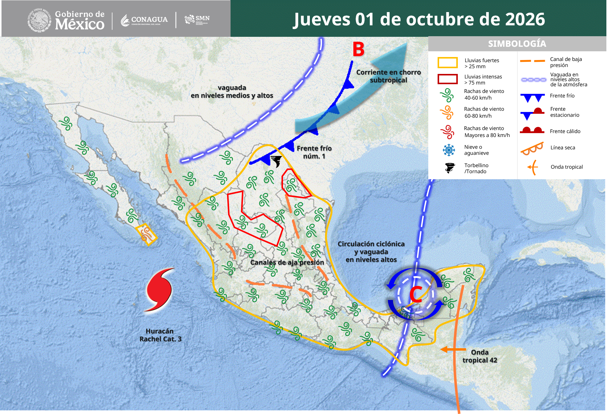 Rachel se fortalece y frente frío 1 desata lluvias en seis estados.
