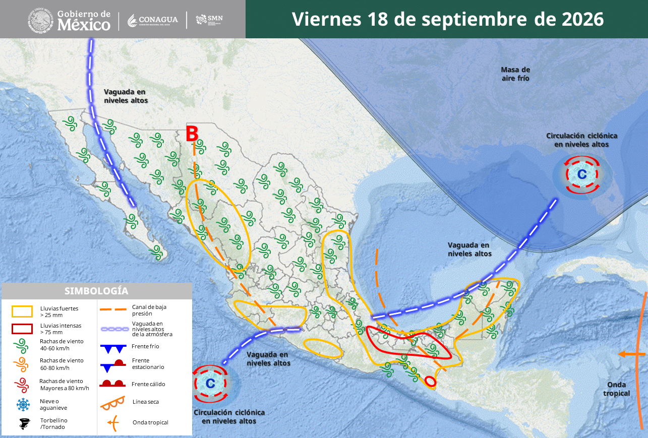 Prevén lluvias intensas, granizo, fuertes vientos y riesgo de inundaciones.