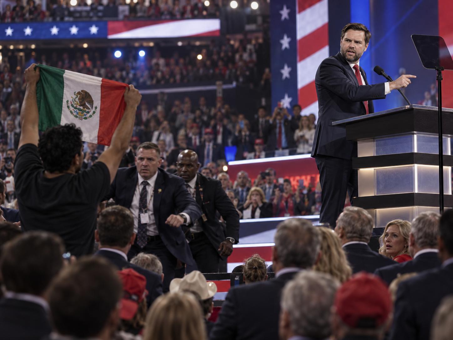 Vance encara a manifestante con bandera mexicana en convención del GOP
