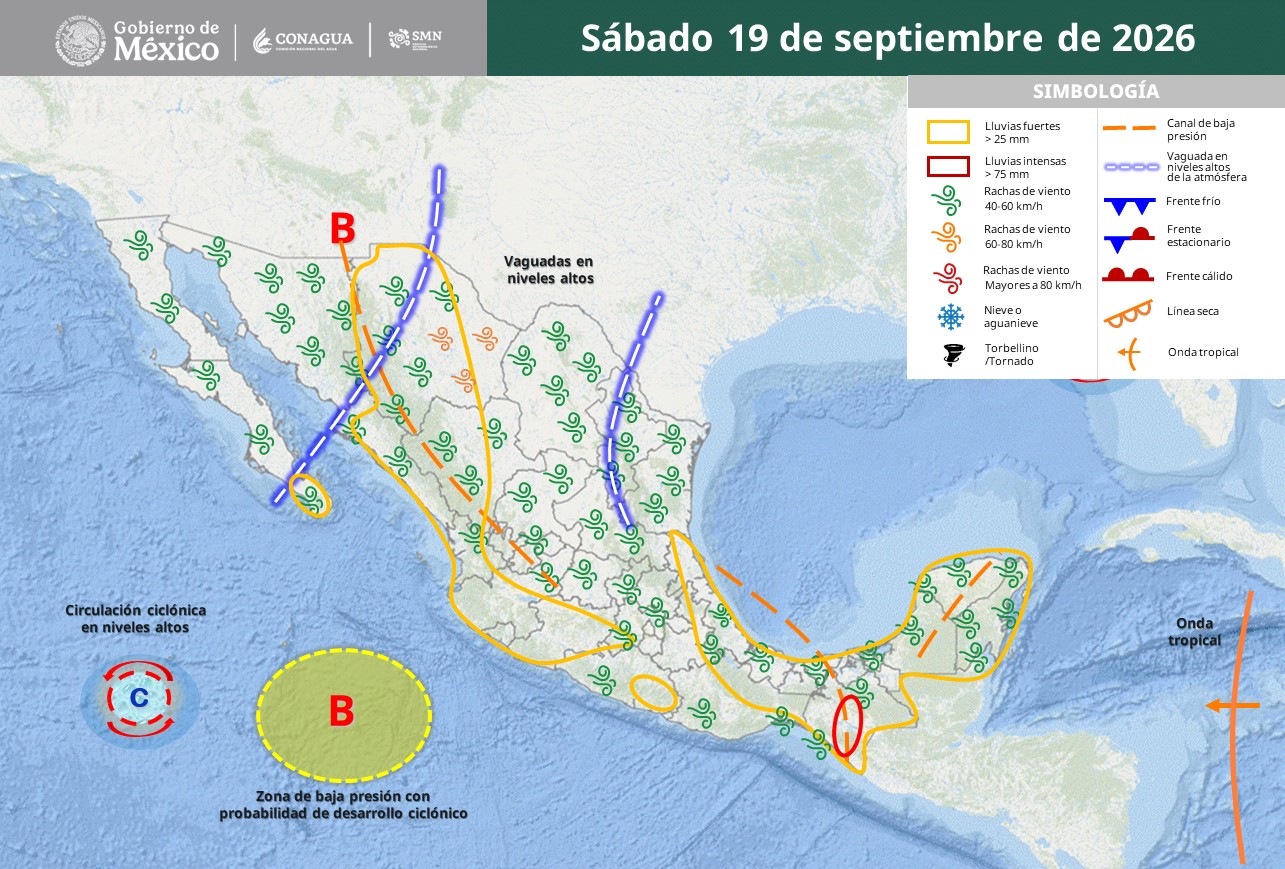 SMN prevé lluvias intensas en Chiapas, muy fuertes en 10 estados, granizo, rachas de viento y calor hasta 45 °C este sábado 19 de septiembre de 2026.